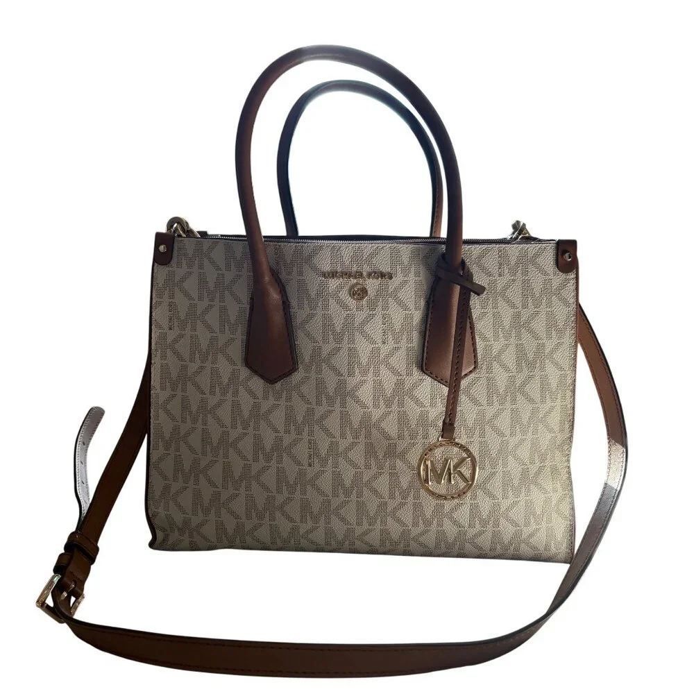Michael Kors Logo Cream & Brown Canvas & Leather Tote Bag With Detachable Strap